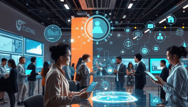 People engaging with holographic AI interfaces and smart devices in a bright, modern space filled with data...