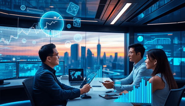 Futuristic control room with holographic charts and glowing graphs, professionals analyzing data, cityscape...