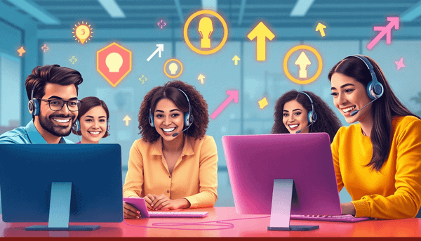 Remote customer support agents smiling and working on computers with glowing gamification symbols