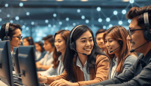Call center agents wearing headsets actively engaged in phone conversations with glowing network lines