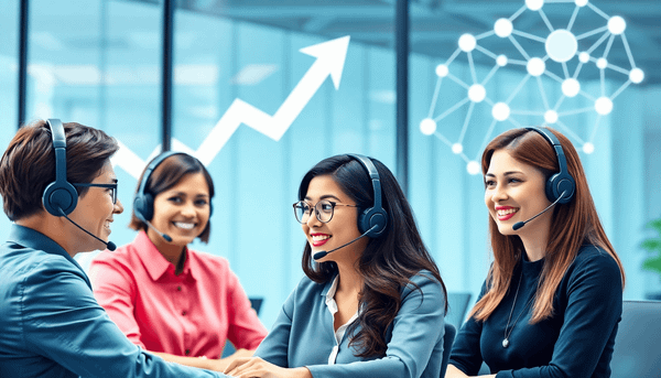 Customer service professionals wearing headsets in a modern office with abstract growth symbols and network