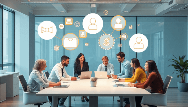 Professionals collaborating around a table with floating icons of communication, customer support