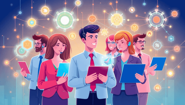A vibrant illustration of customer service professionals collaborating with glowing tech interfaces