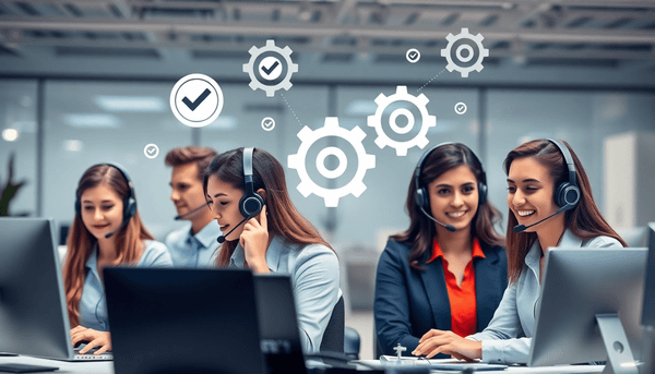 Customer service team wearing headsets in a modern office, surrounded by floating checkmarks and gears