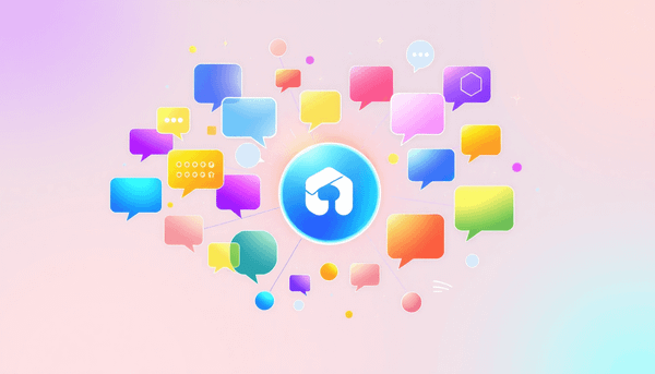 Abstract illustration of speech bubbles and sound waves merging into a glowing logo