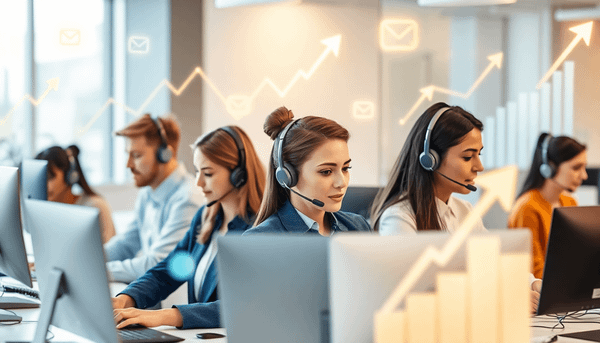 Team of customer service reps working in a modern office with glowing communication icons and light graphs