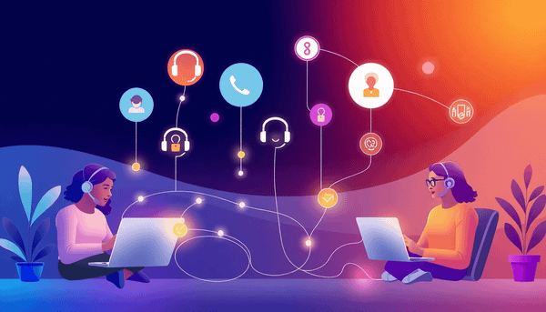 Abstract illustration of a remote team collaborating with glowing lines, customer support icons