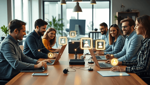 Professionals collaborating around a table with laptops and glowing connection lines, blending office