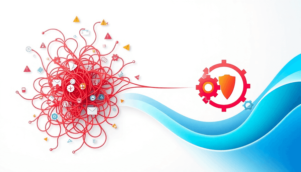 Abstract illustration showing a shift from chaotic red-orange tangled lines with warning icons to calm blue...