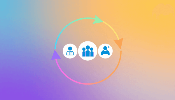 Abstract illustration of interconnected circular arrows forming a loop around icons of teamwork