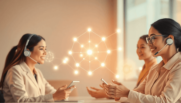 Customer service team collaborating with glowing digital nodes, blending human empathy and advanced AI