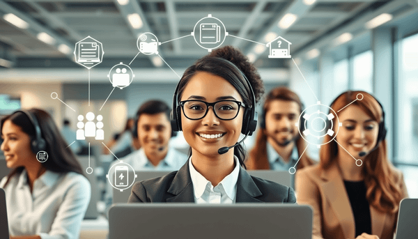 Modern customer service center with agents using headsets, surrounded by digital icons representing AI