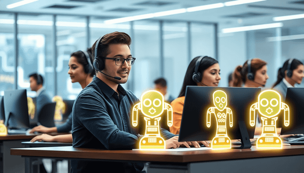A modern customer service center with a team collaborating around computers, glowing digital chatbot icons,...