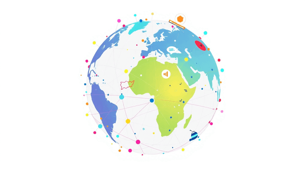 Abstract globe made of colorful interconnected lines and nodes with cultural icons