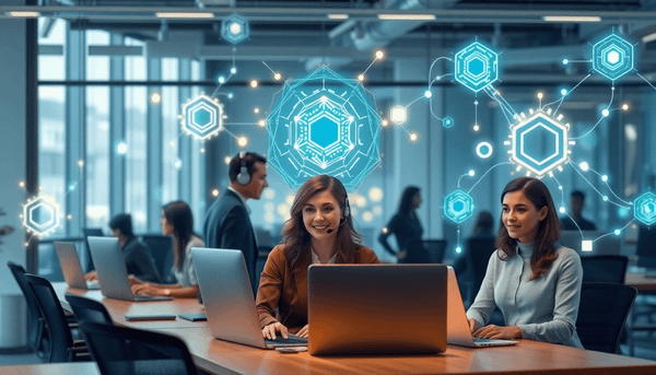 A modern office with customer service agents collaborating alongside glowing digital circuit patterns