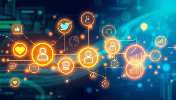 Digital illustration of interconnected icons for social media, profiles, and analytics with glowing lines