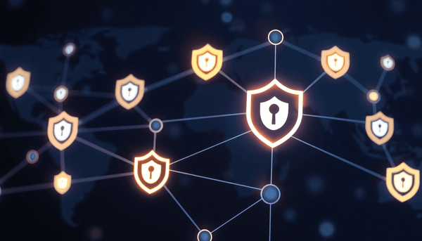 Glowing interconnected nodes and shields on a dark background symbolizing secure digital network