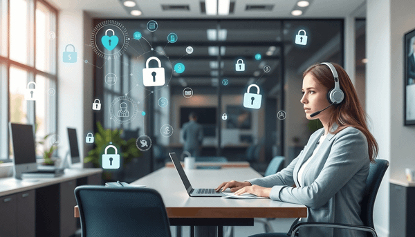Modern office with abstract data streams, digital locks, and industry icons symbolizing secure customer