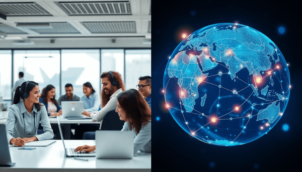 Split-screen showing a team of customer support reps in a modern office and a globe with glowing lines