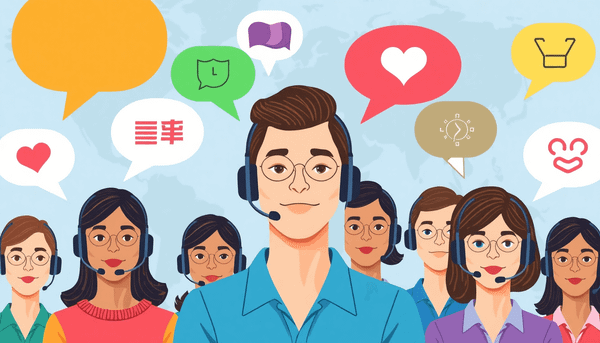Customer support team with headsets surrounded by colorful speech bubbles and a global map background