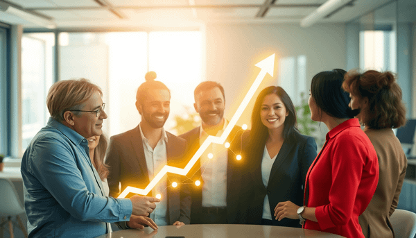 A group of business professionals collaborating around a glowing abstract graph with upward arrows