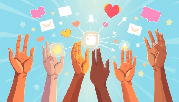 Diverse hands reaching toward glowing social media icons surrounded by chat bubbles, hearts