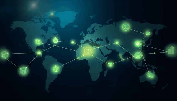 Glowing network lines connect green leaves and eco-icons over a world map, with light rays