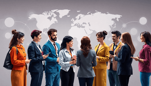 Customer service team engaging warmly with customers, set against abstract global symbols and world map out...
