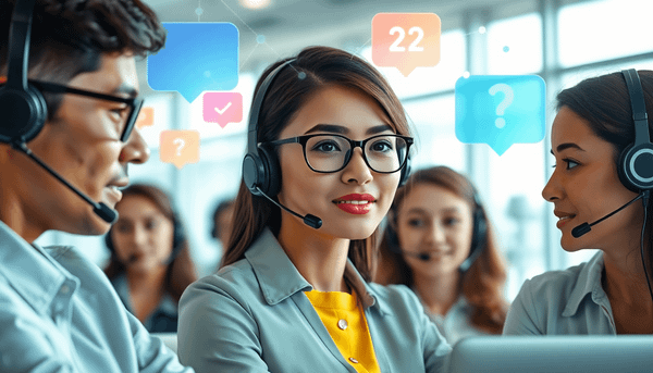 Customer support agents wearing headsets in a bright office, with colorful glowing speech bubbles