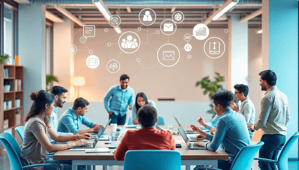 A modern workspace with people collaborating around a table, digital devices, and floating icons