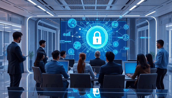 Professionals collaborating around holographic interfaces with data streams and security symbols