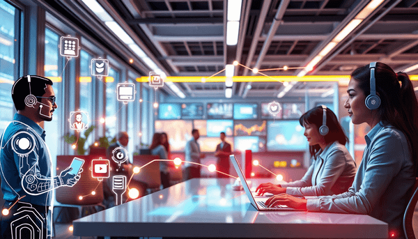 Futuristic office with professionals collaborating, glowing AI chatbot icons, interconnected light trails