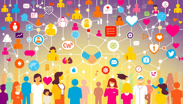 A vibrant network of diverse people icons with handshake, gear, heart, and digital symbols on a bright back