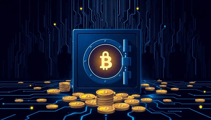 Minimalist image of a secure digital vault with glowing cryptocurrency coins, abstract data streams
