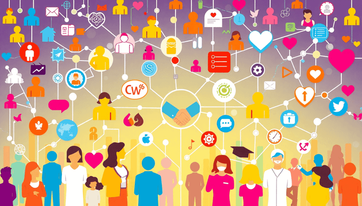 A vibrant network of diverse people icons with handshake, gear, heart, and digital symbols on a bright back