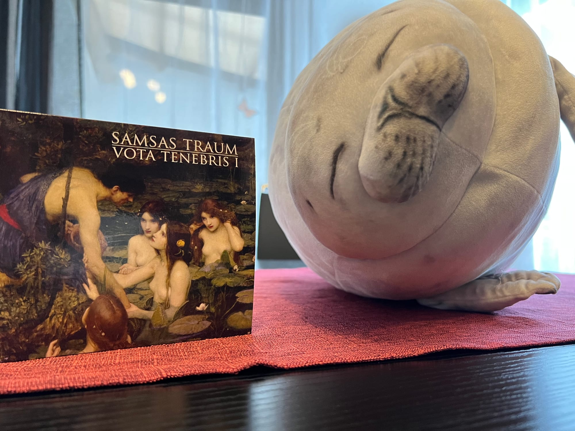 Runde Robbe im Gruppenbild mit "Vota Tenebris I". Sie rollt fröhlich neben der CD hin und her.