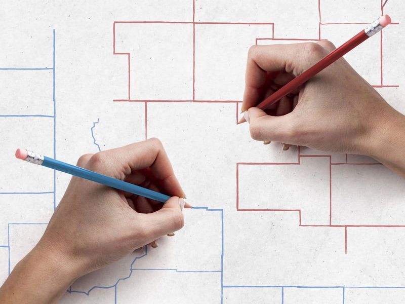 Hands drawing new congressional districts with blue and red pencils