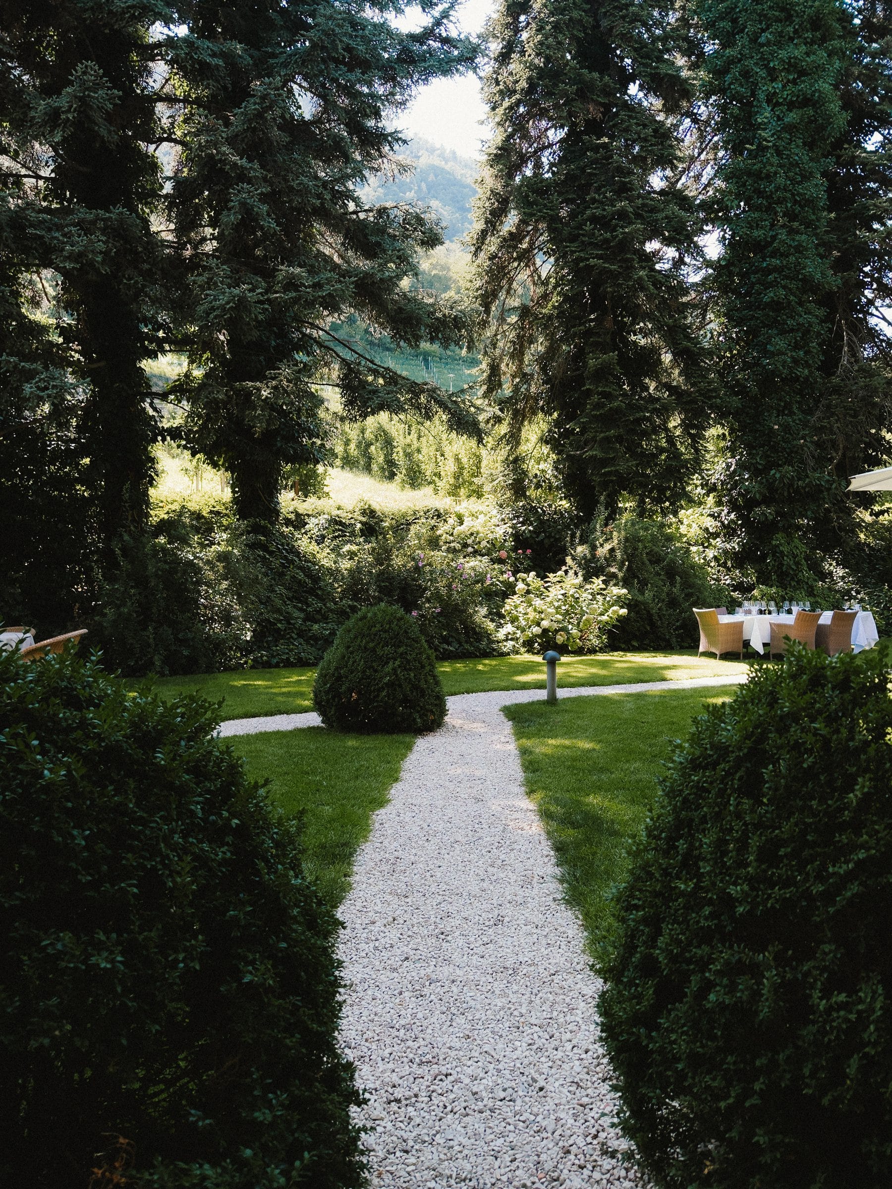 A gravel path between hedges