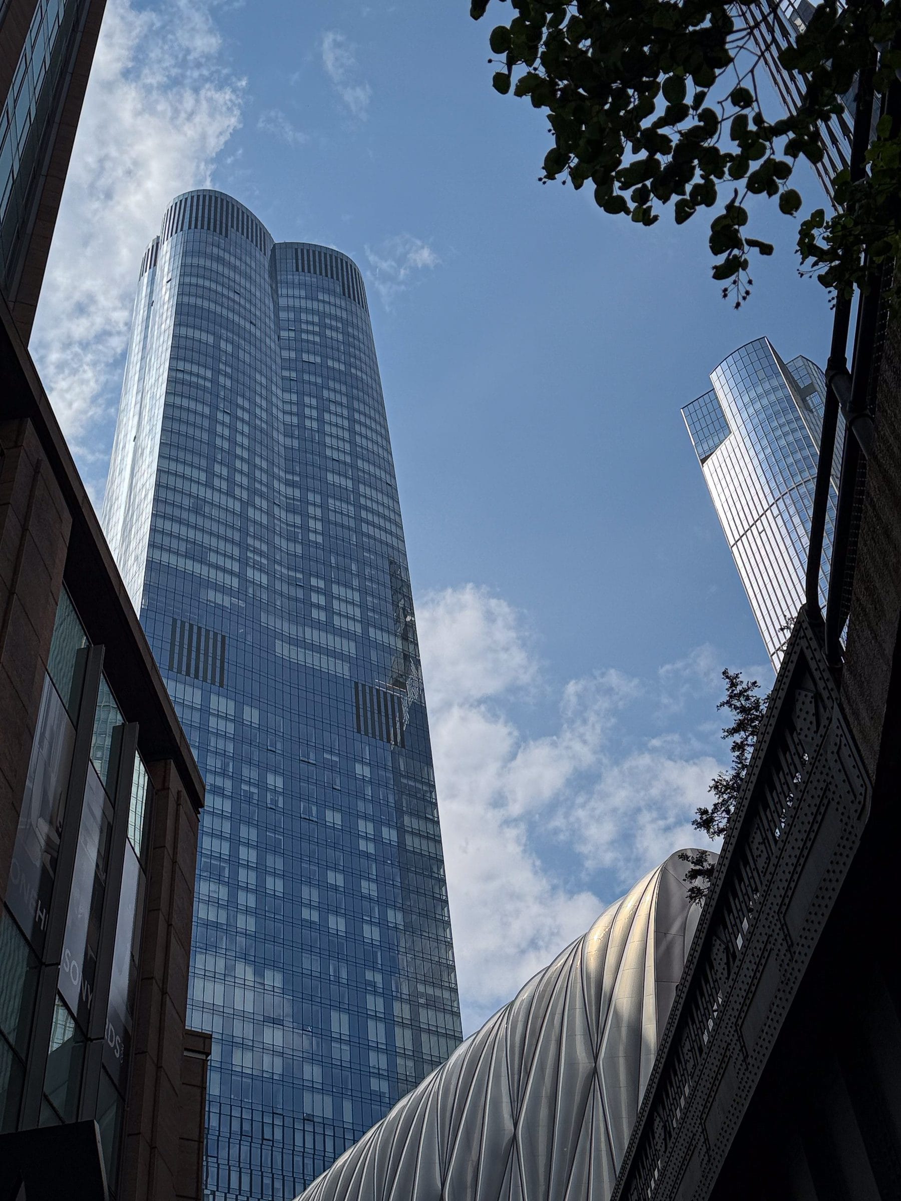 A glass tower from the street