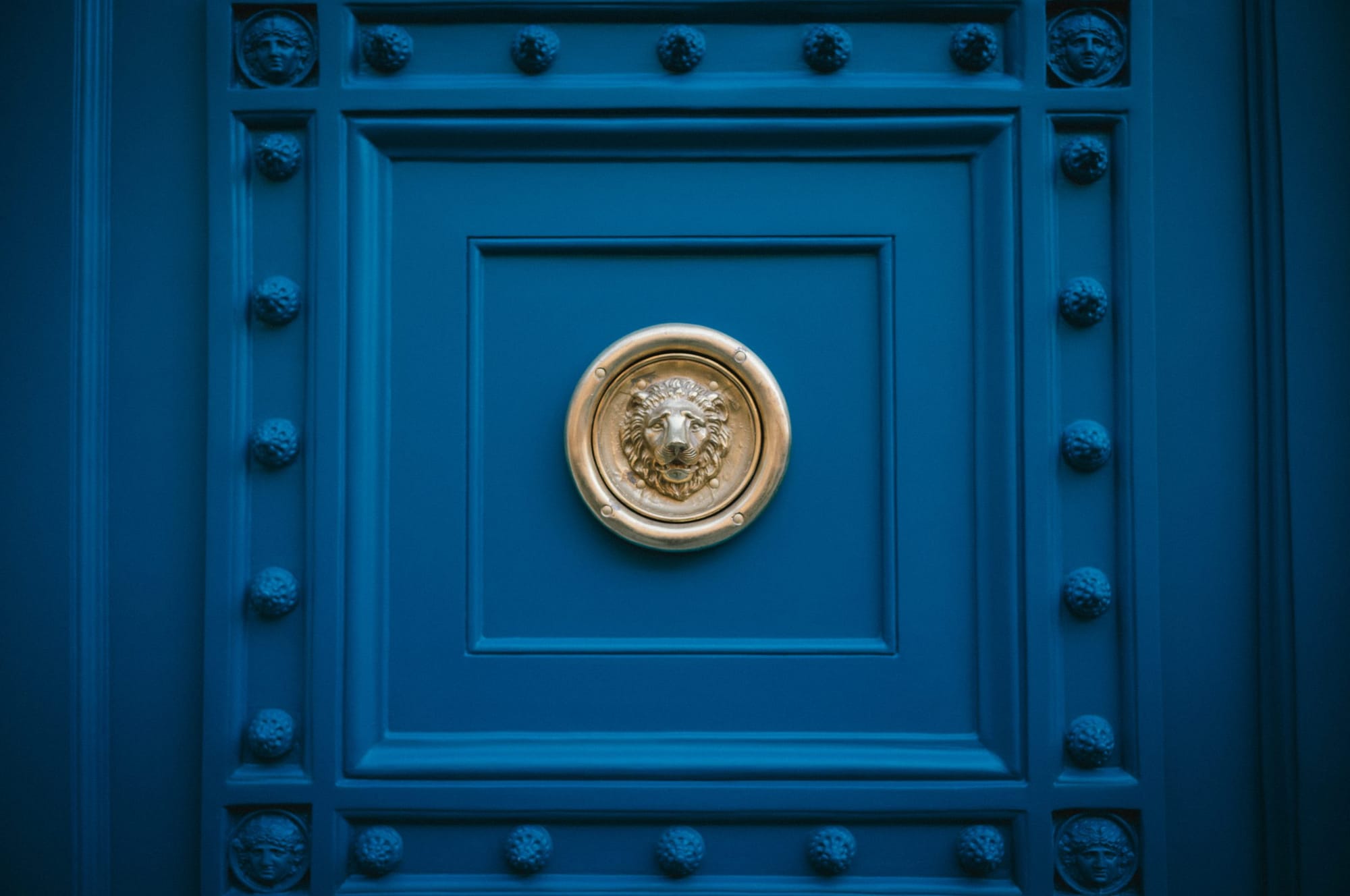 A blue door and its lion.