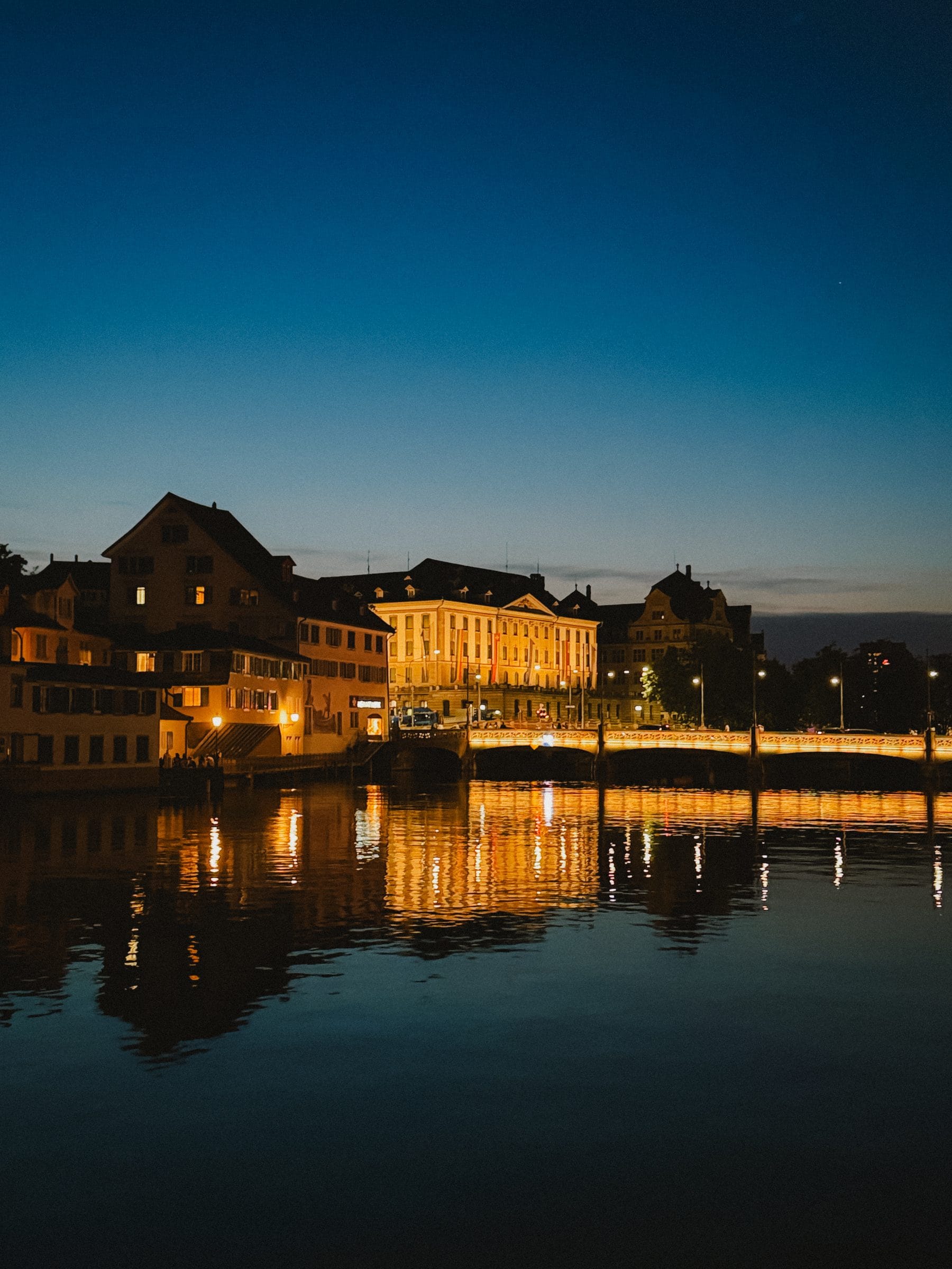 The old town lit at dusk