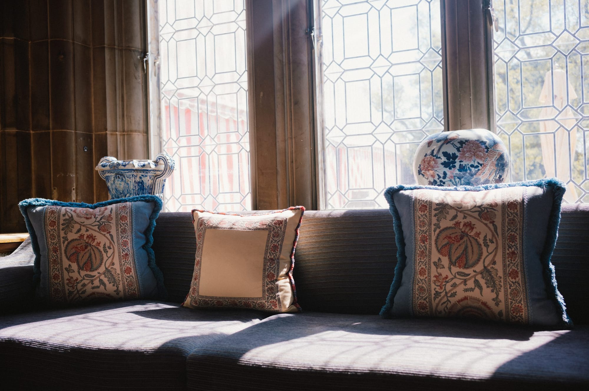 A window seat with cushions