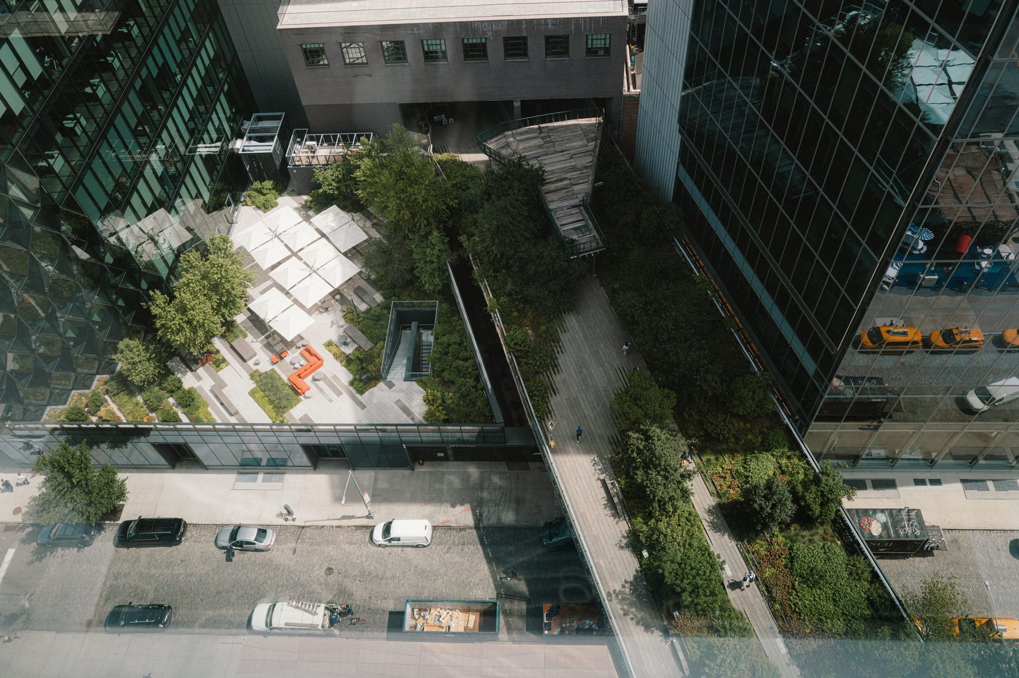 A garden among towers, from above