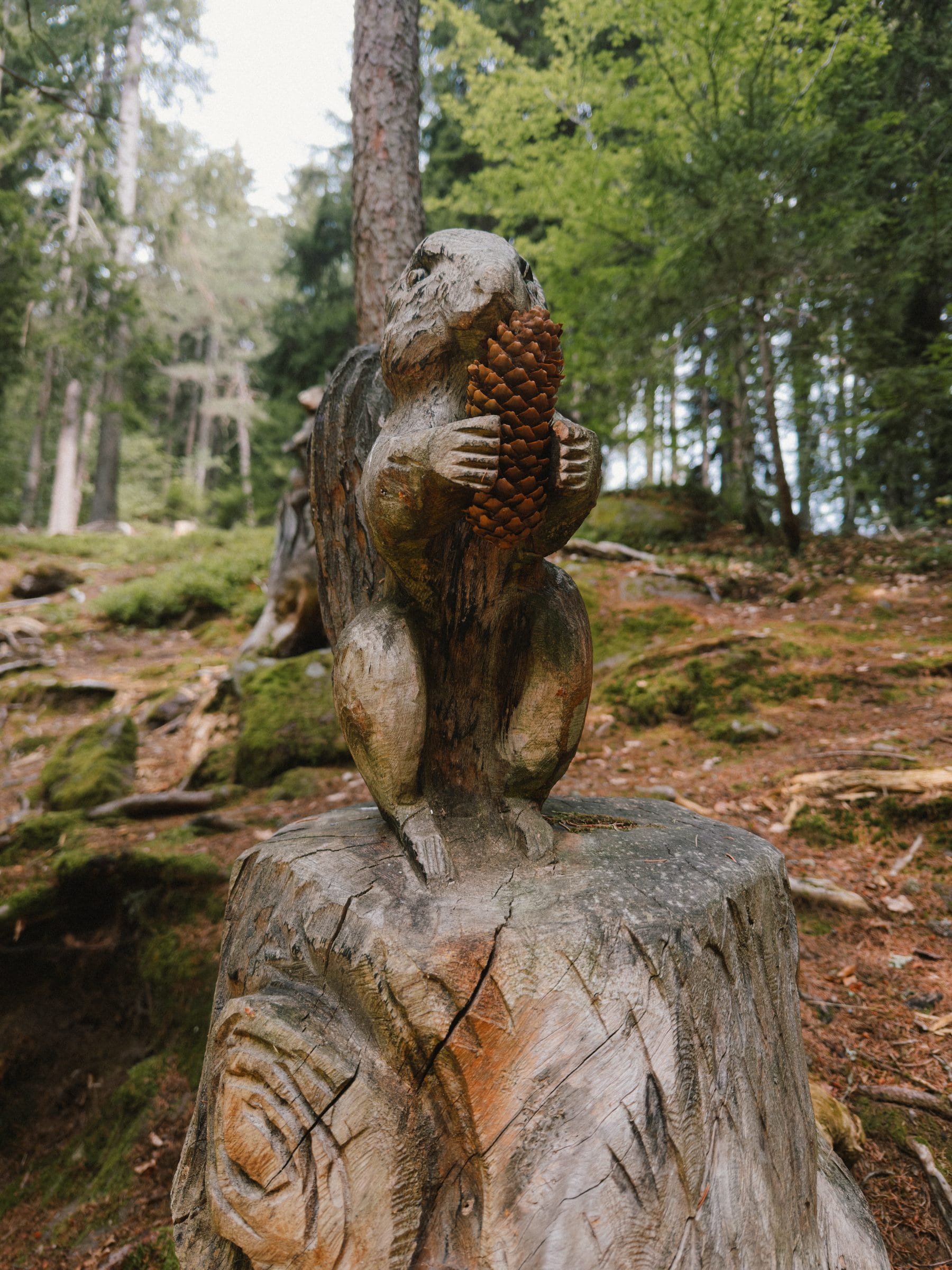 A carved squirrel in the forest