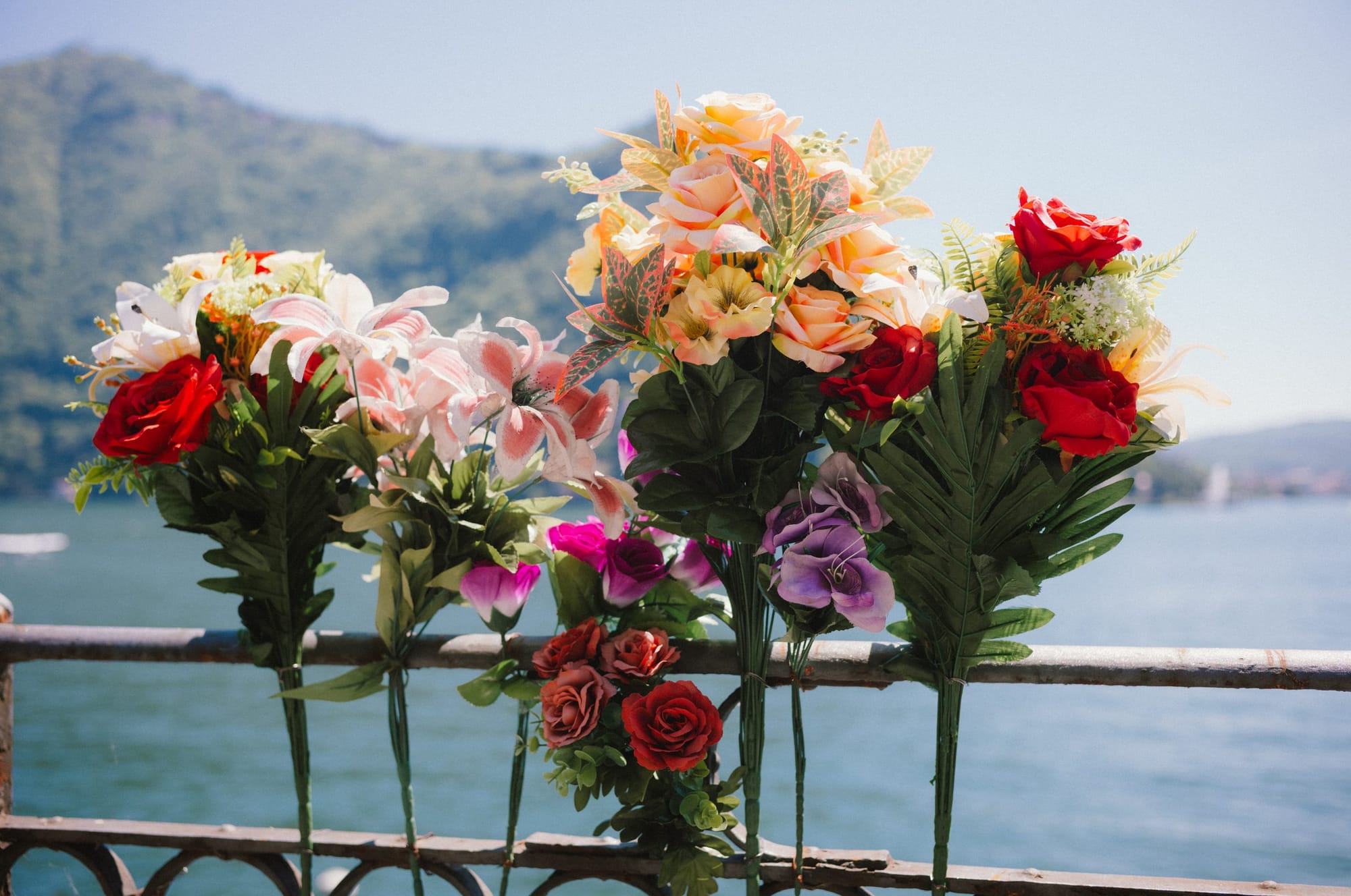 Flowers on a railing above the lake