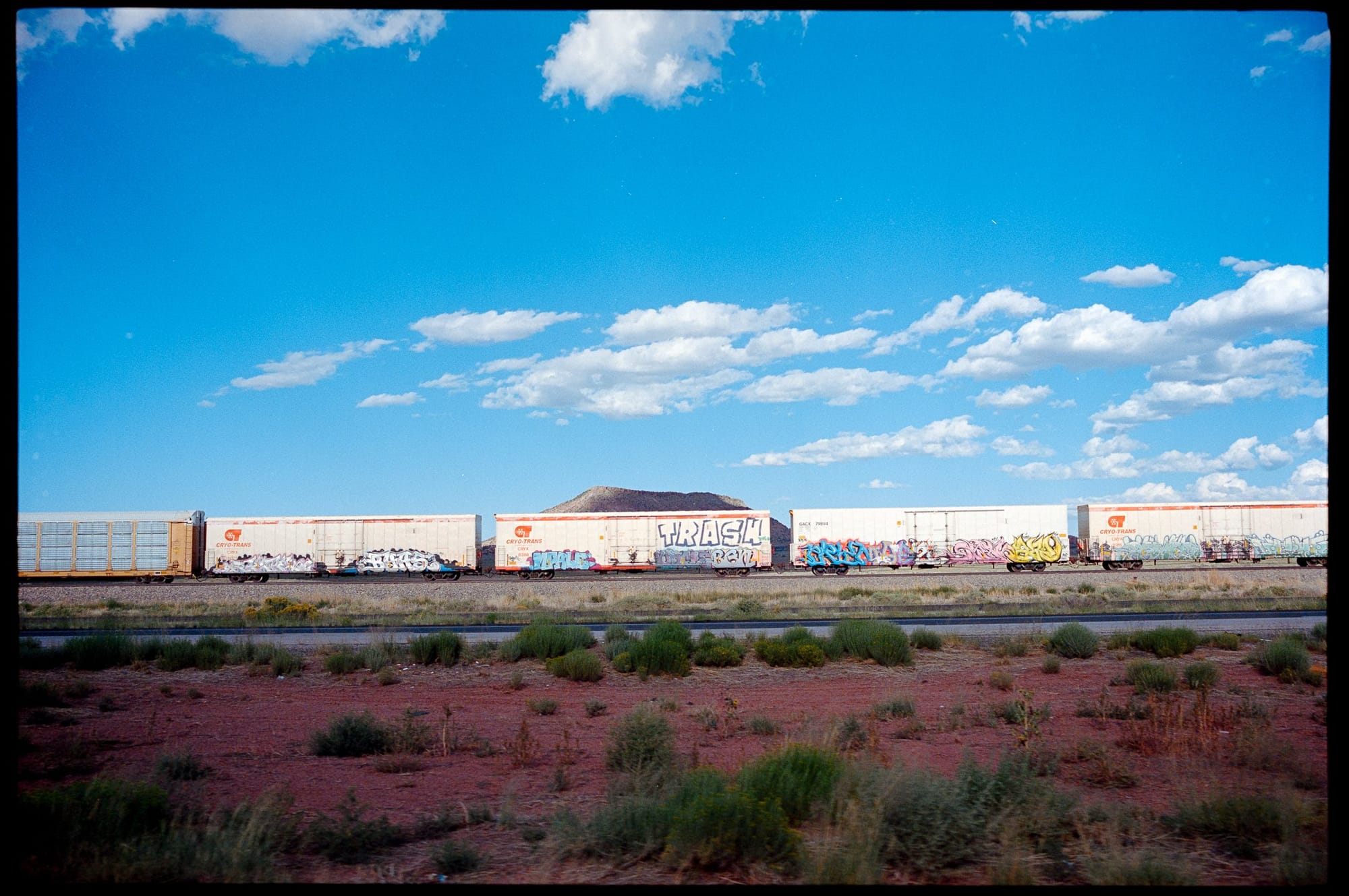 A freight train crossing the flats.