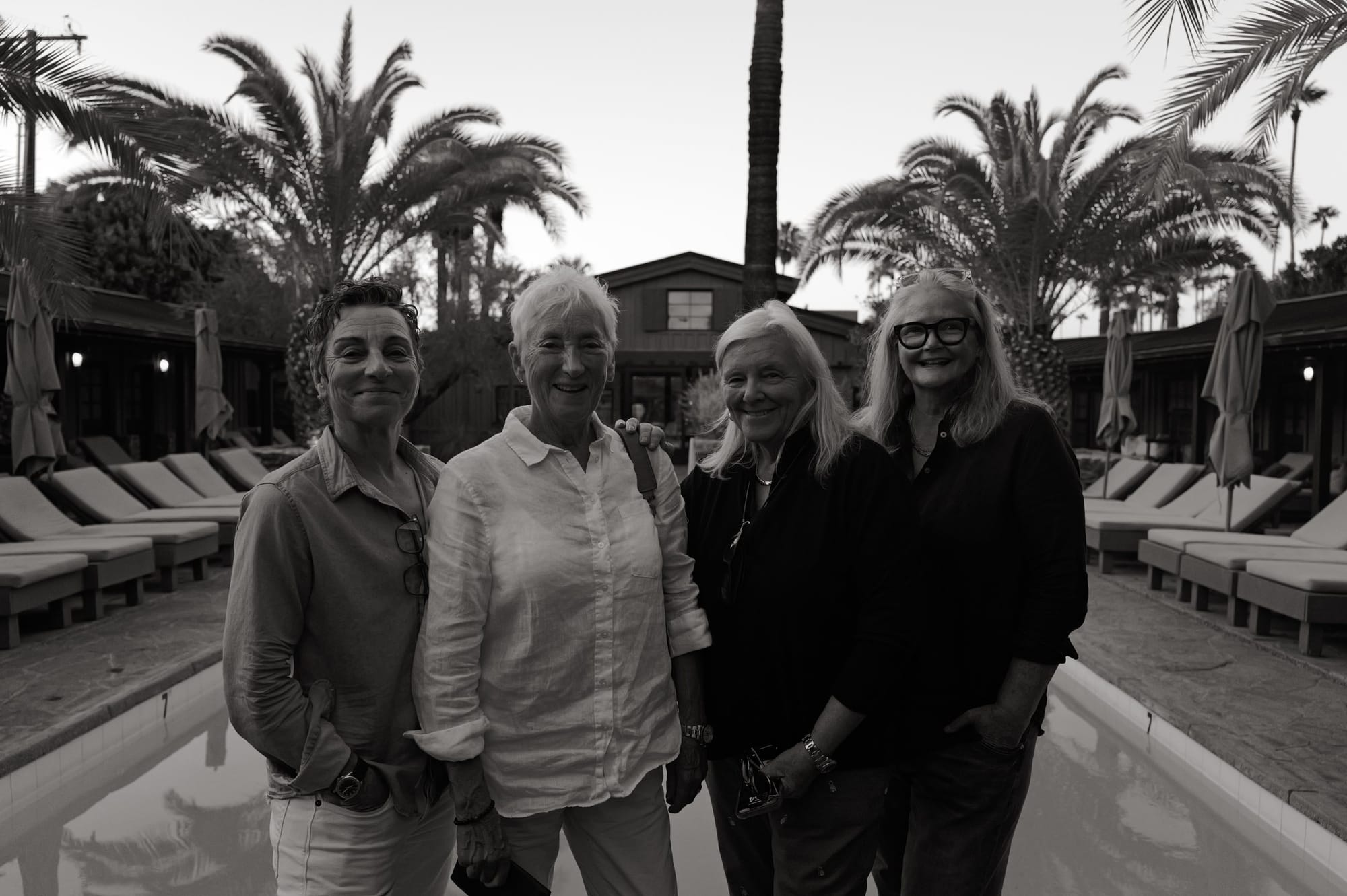 Palm Springs, by the pool at dusk.