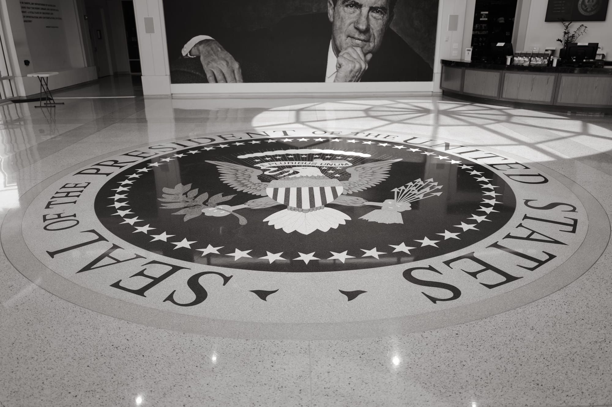 The library lobby, with the presidential seal set into the floor