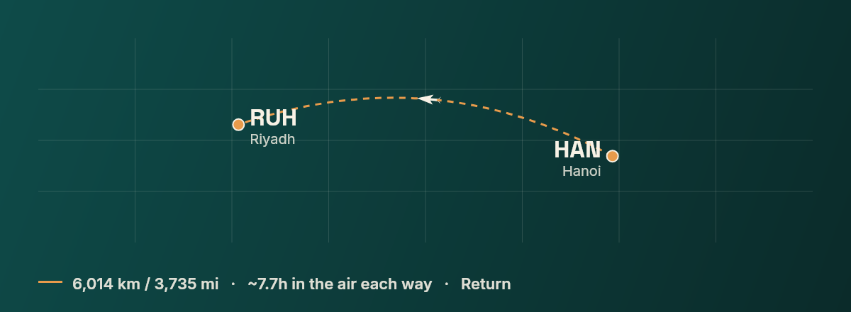Hanoi to Riyadh route map
