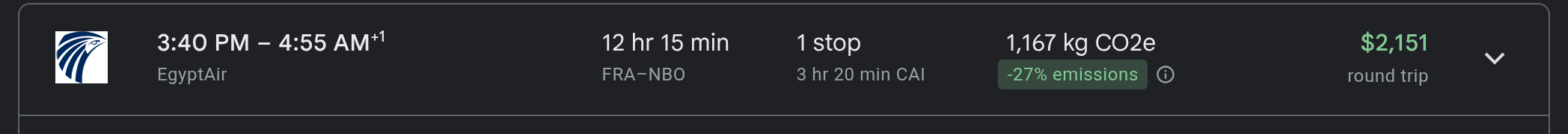 Frankfurt to Nairobi Business class fare on Google Flights